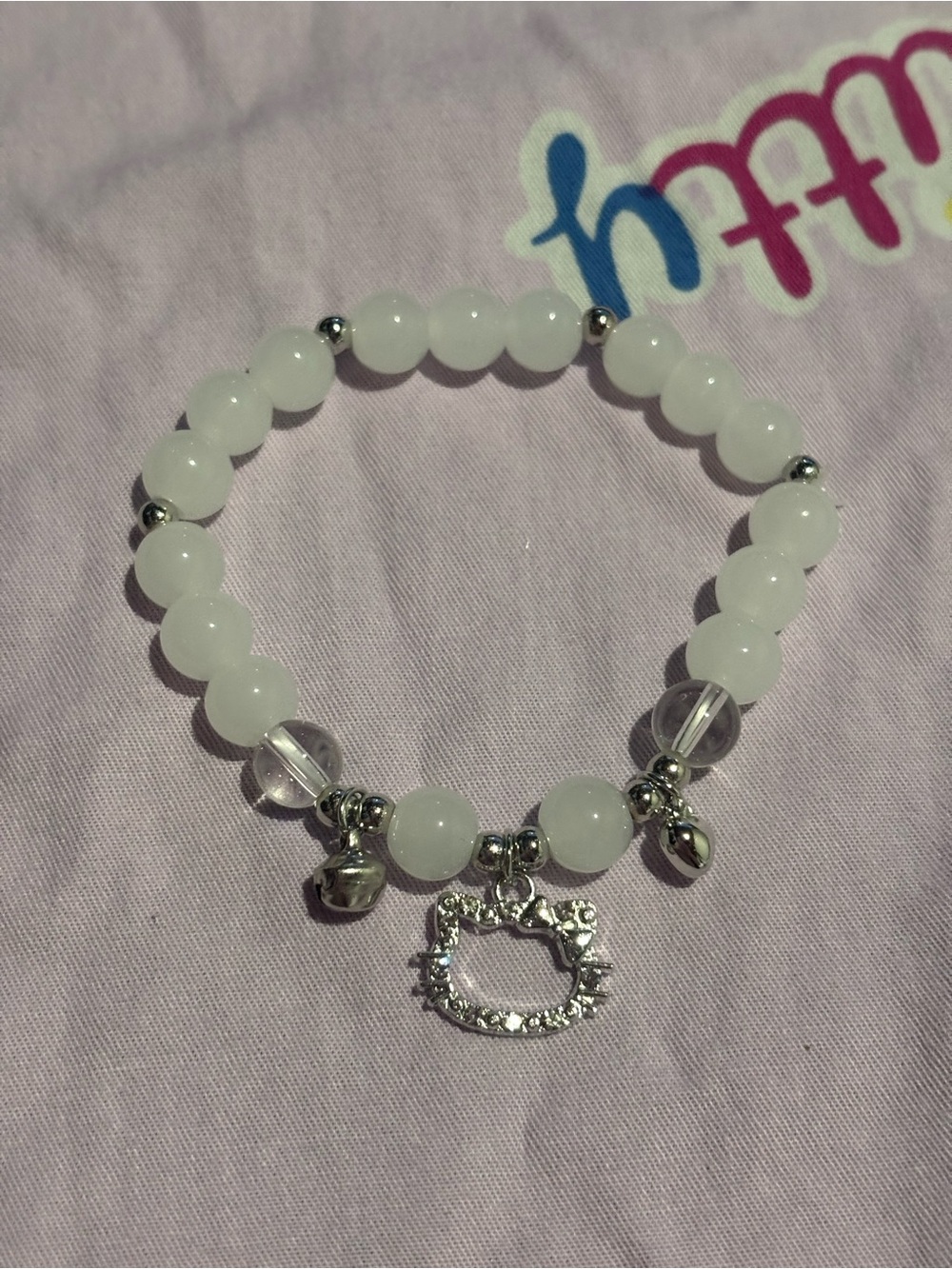 White Beaded Charm Bracelet with Hello Kitty Pendant